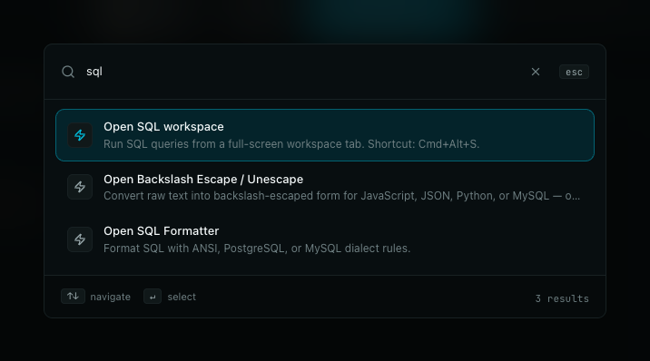 Command palette filtered by the query sql, showing the SQL workspace, escape tool, and SQL formatter