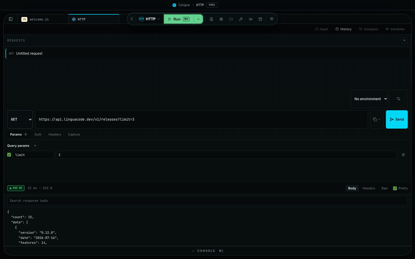 HTTP workspace showing a GET request with query params and a pretty-printed 200 OK JSON response