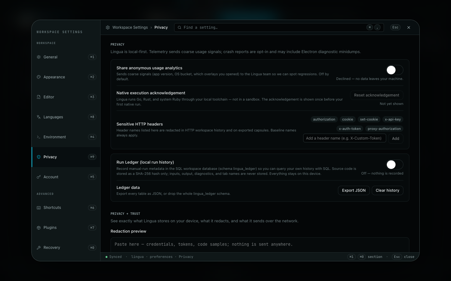 Privacy settings page: anonymous usage analytics off, Run Ledger off, sensitive HTTP header redaction list, and a redaction preview