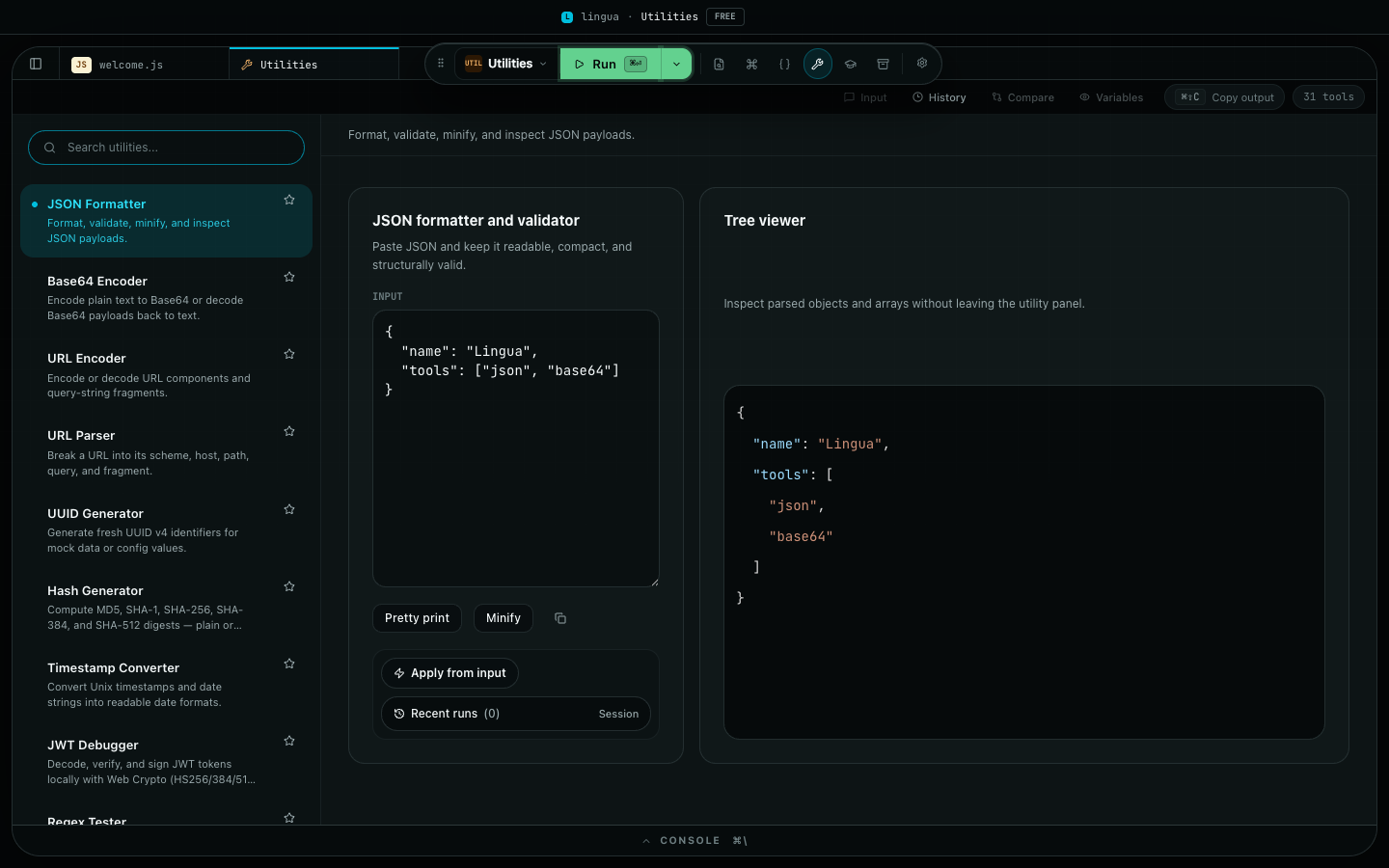 Developer utilities workspace with the JSON formatter active: input panel, pretty-print controls, and a tree viewer