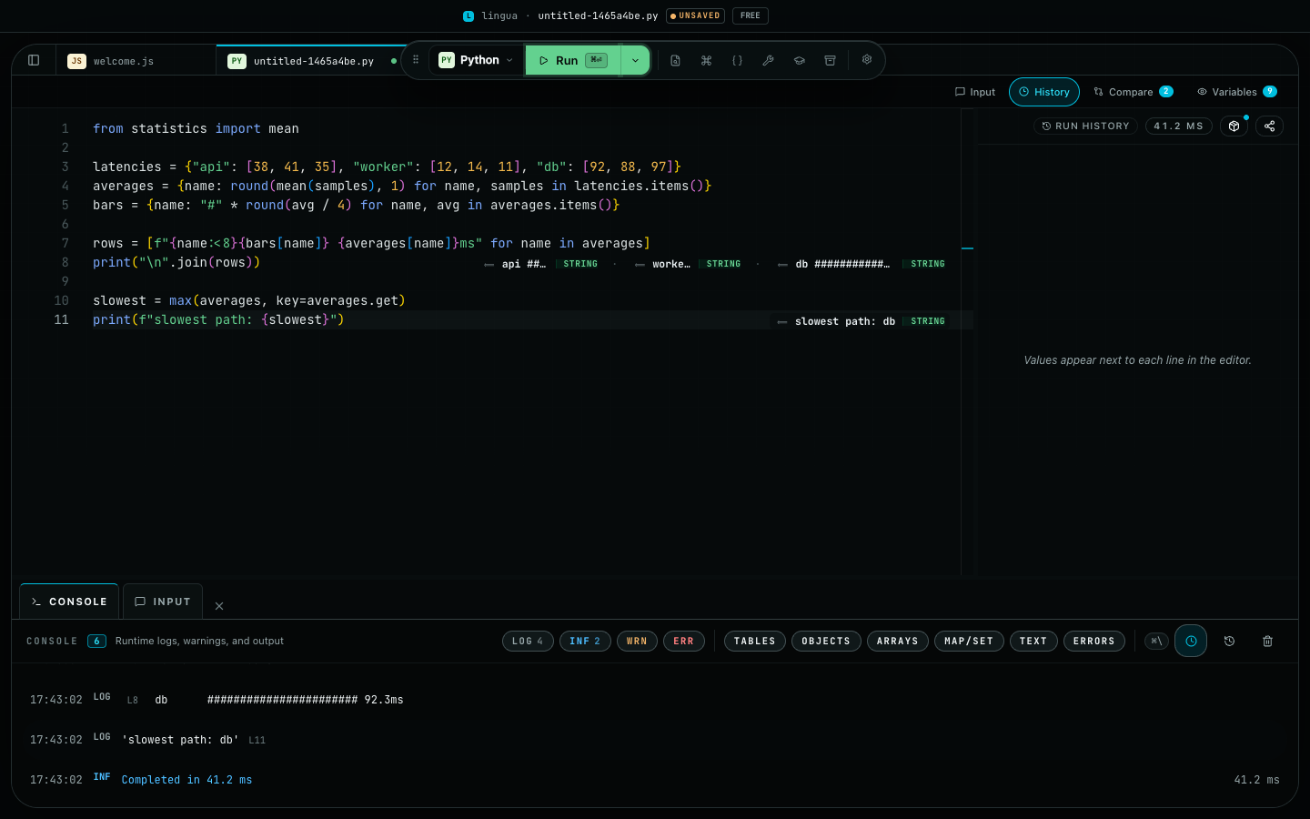 Lingua workspace running a Python script: inline values next to each statement and real stdout in the console panel