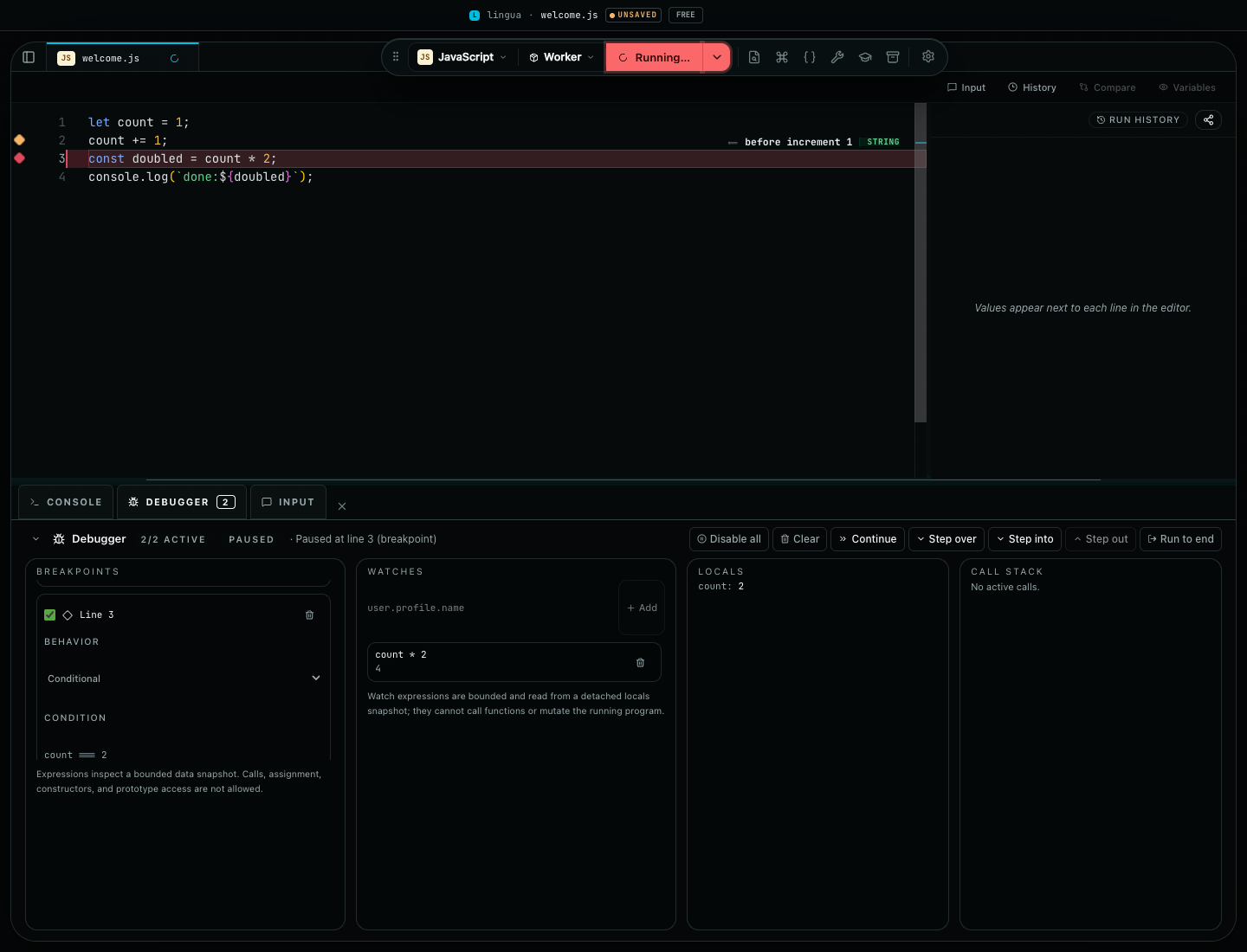 Lingua JavaScript debugger paused at a conditional breakpoint with a logpoint, watch expression, variables, and stepping controls