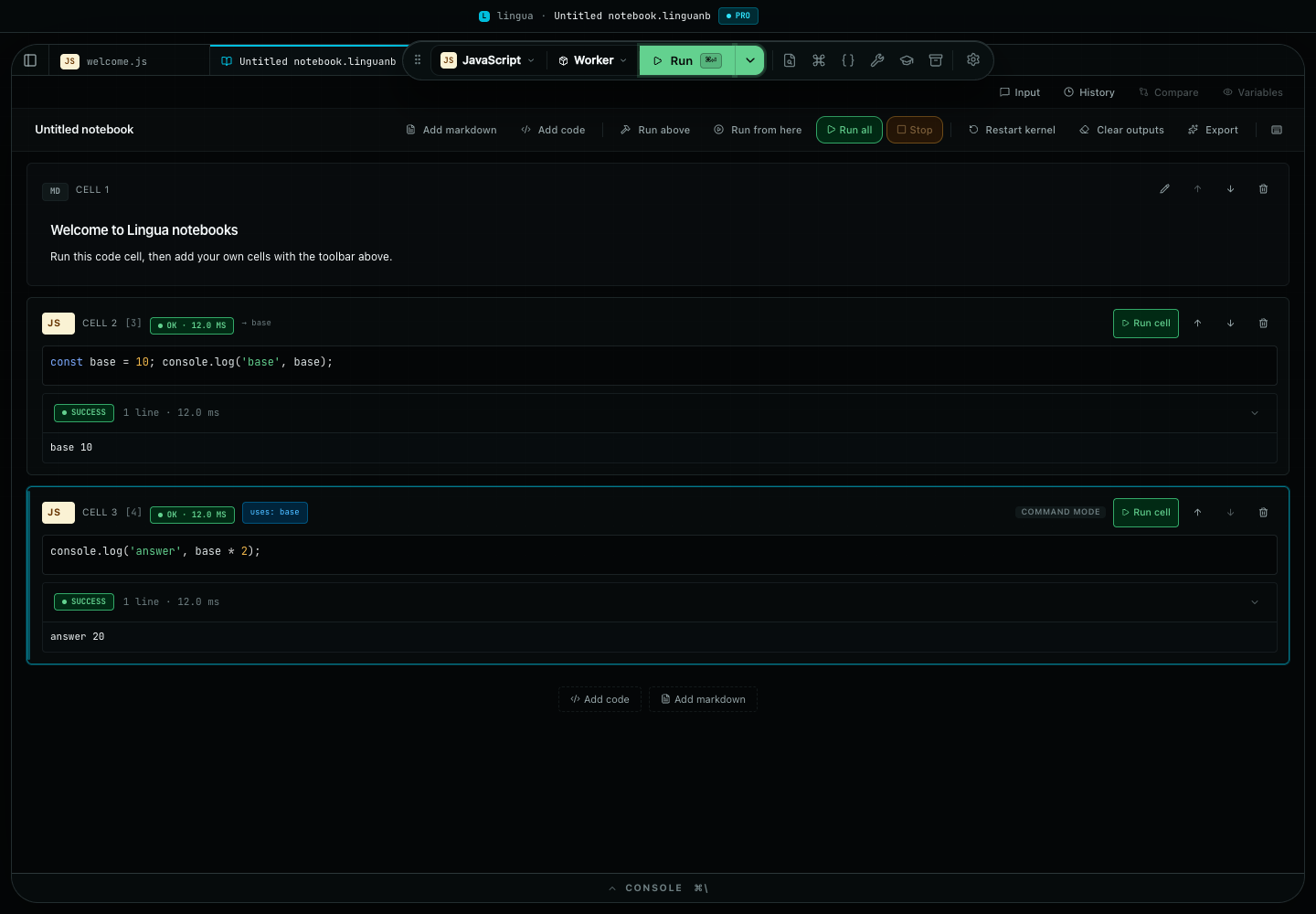 Lingua notebook after refreshing dependent JavaScript cells, showing their code, execution status, dependency marker, and updated outputs
