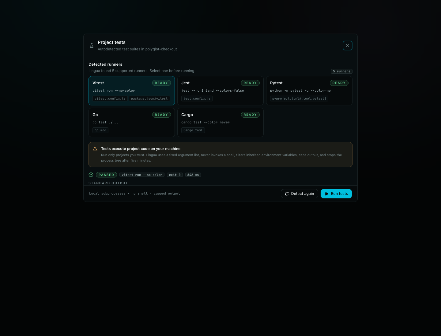 Lingua project test runner showing detected Vitest, Jest, Pytest, Go, and Cargo suites plus a successful bounded run
